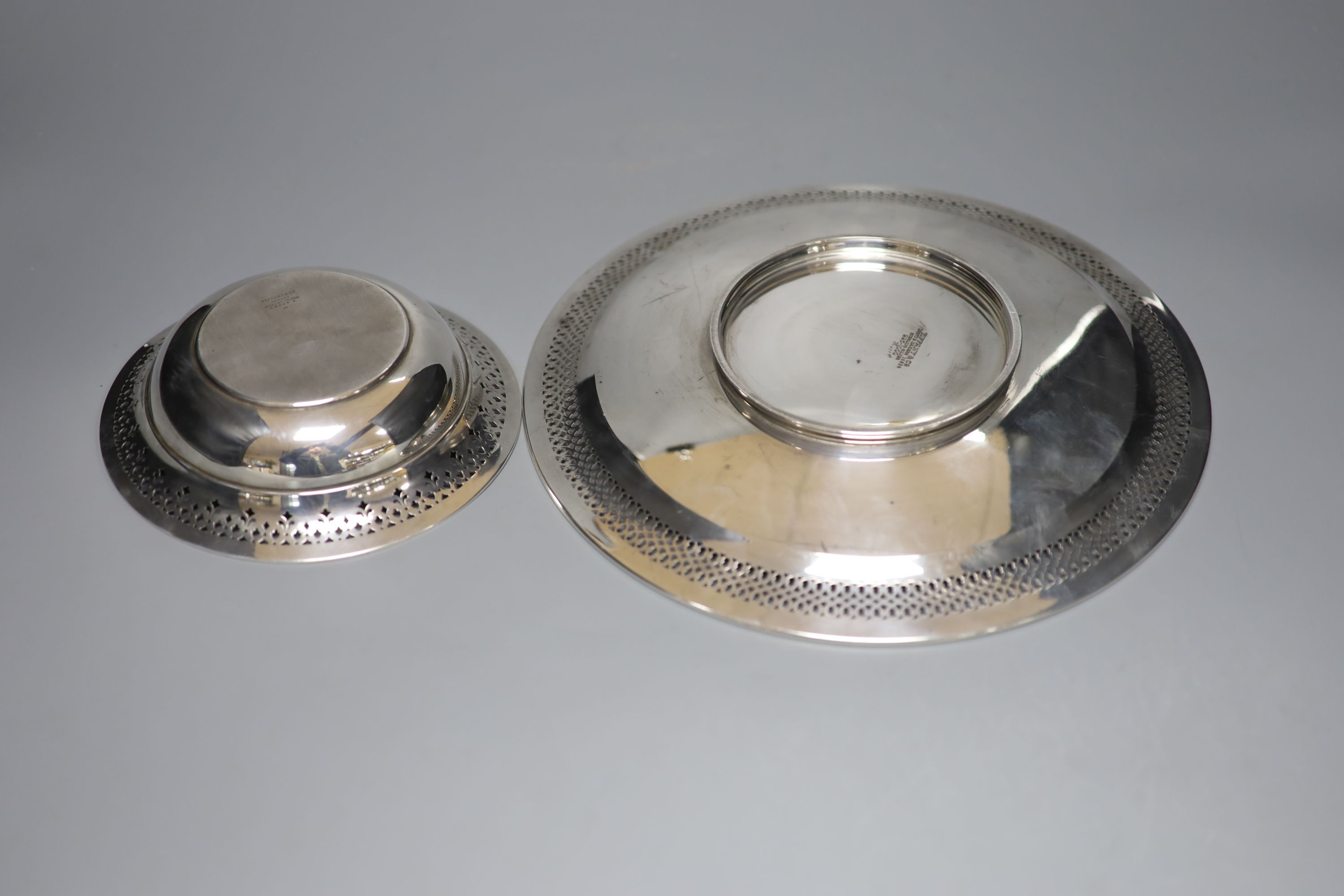 An early to mid 20th century Tiffany & Co sterling platter, 27.2cm and bowl, with pierced borders